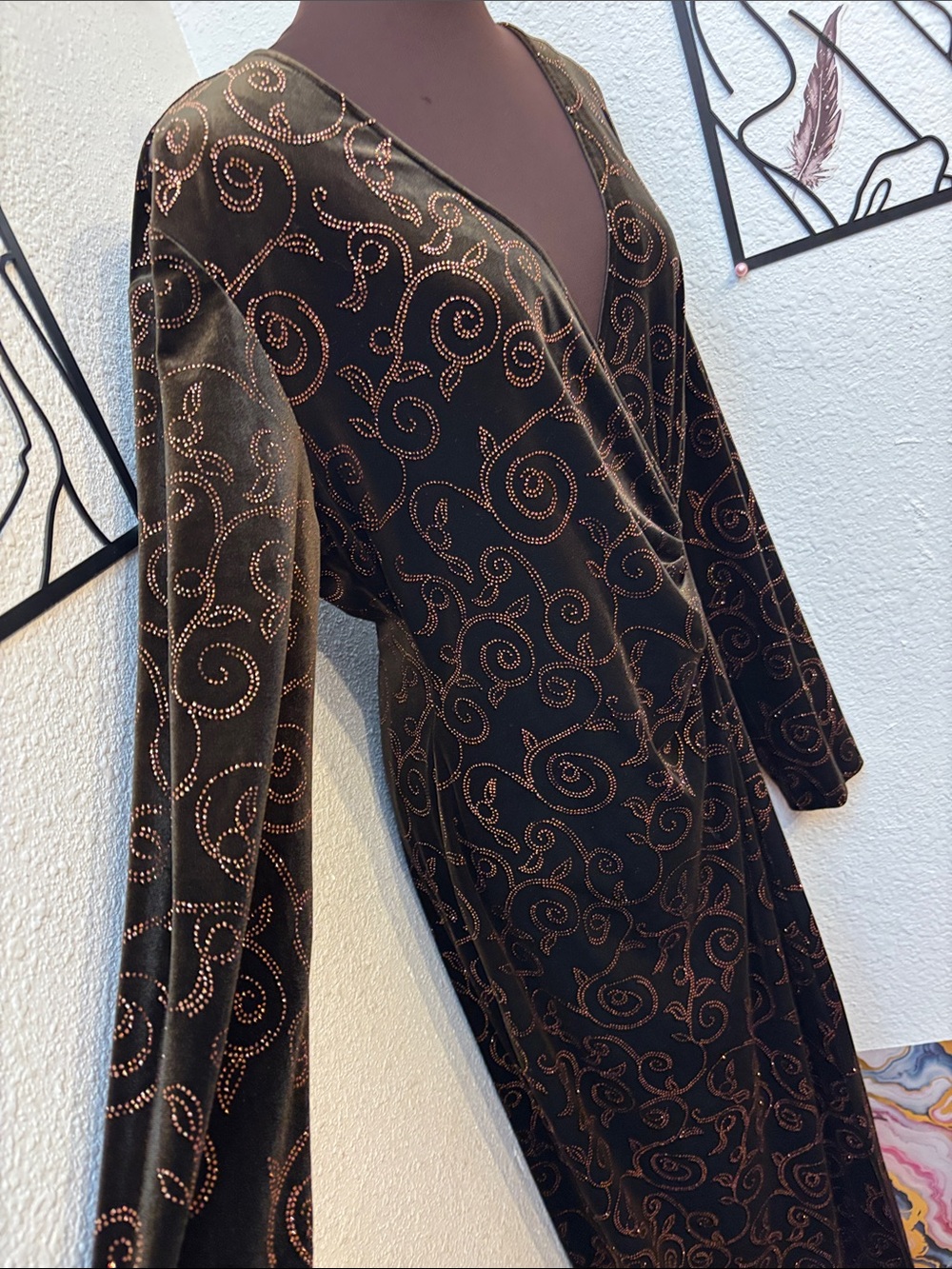 Vintage 1990’s Connected dark moss green velvet glitter swirl maxi dress Size 16